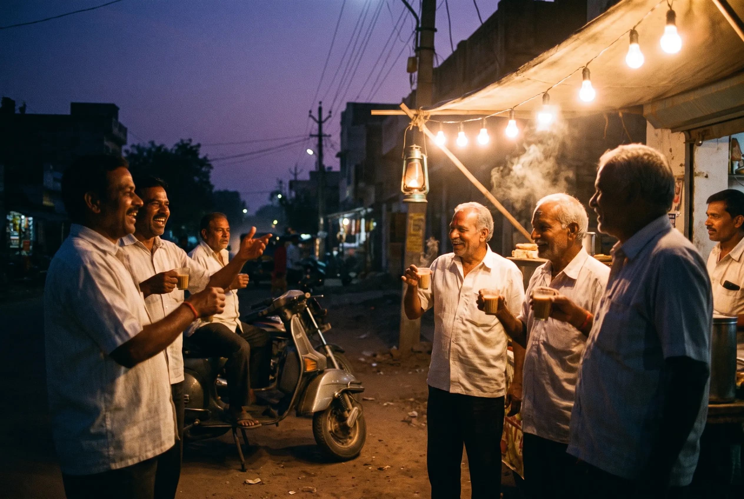Neighbours over chai at a roadside adda in the evening