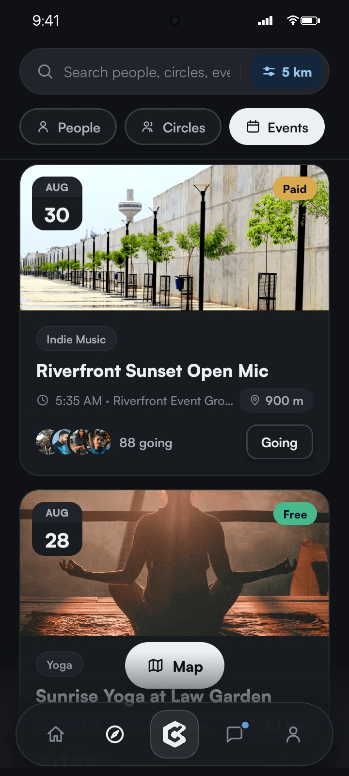 Circlio events: Riverfront Sunset Open Mic, 88 going, and Sunrise Yoga at Law Garden