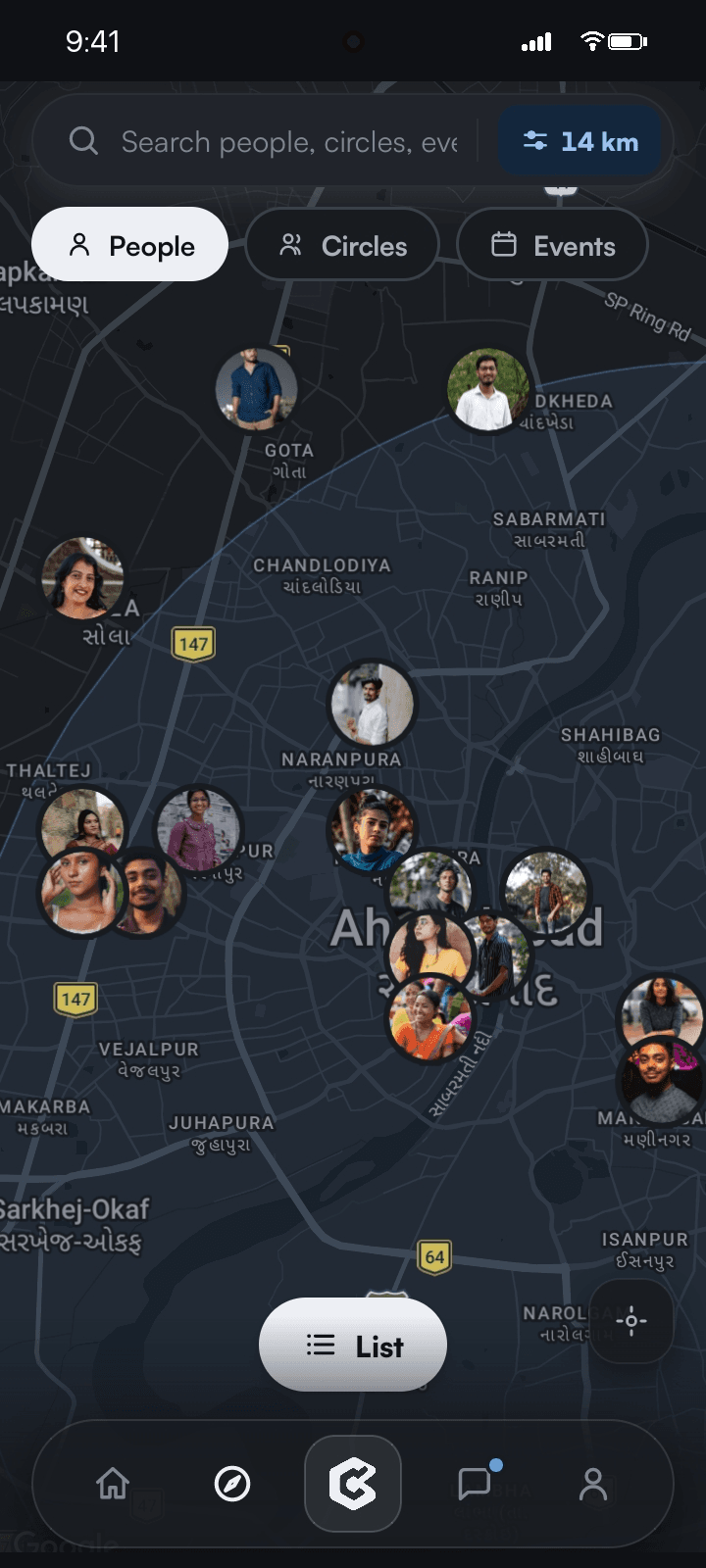Circlio live map: real neighbours near you plotted across Ahmedabad within your chosen radius