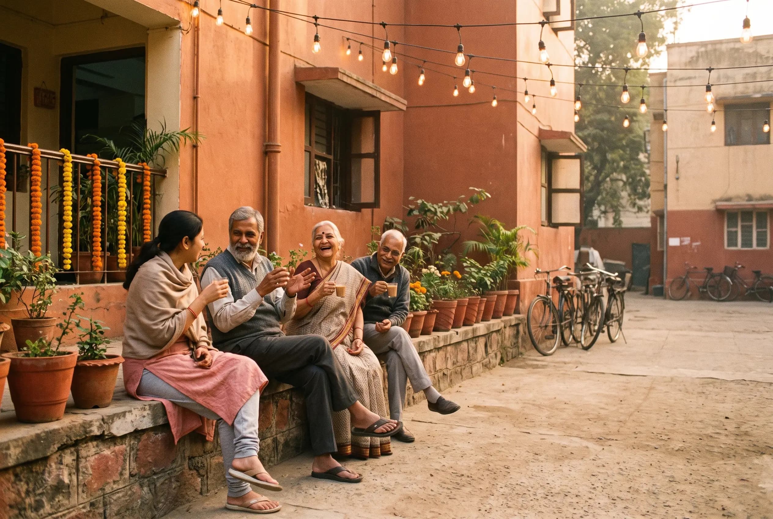 Neighbours gathered in a colony courtyard at dusk, sharing chai on a low wall