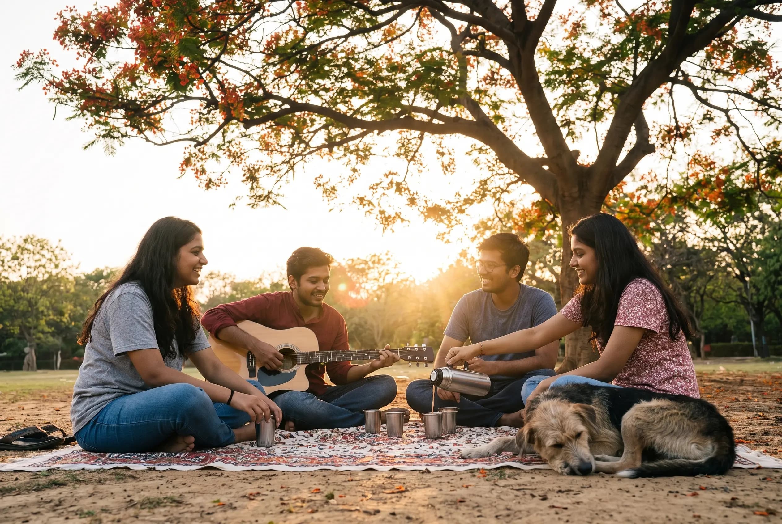 Friends with a guitar and chai in a park at sunset