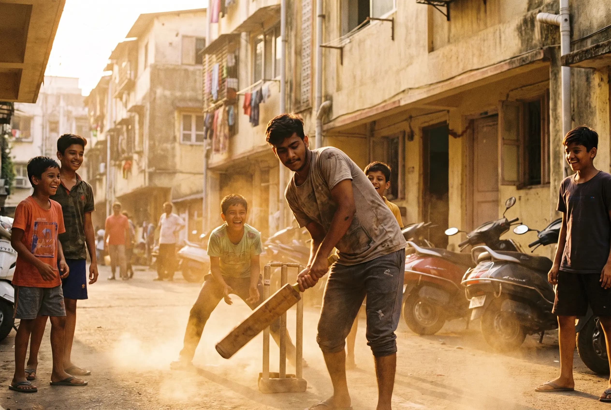 Gully cricket on a residential street at golden hour